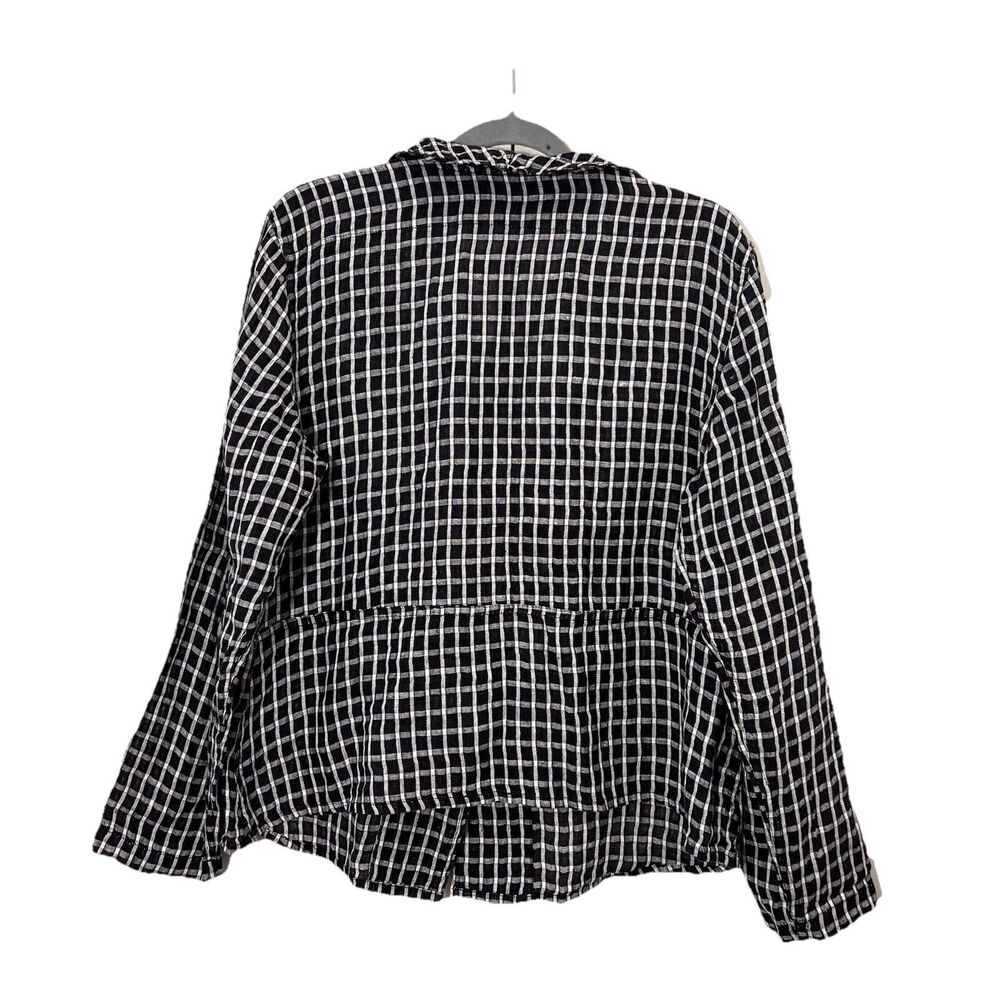 Flax Button Front Shirt Women’s M Linen‎ Plaid Black White Lagenlook - Picture 2 of 7